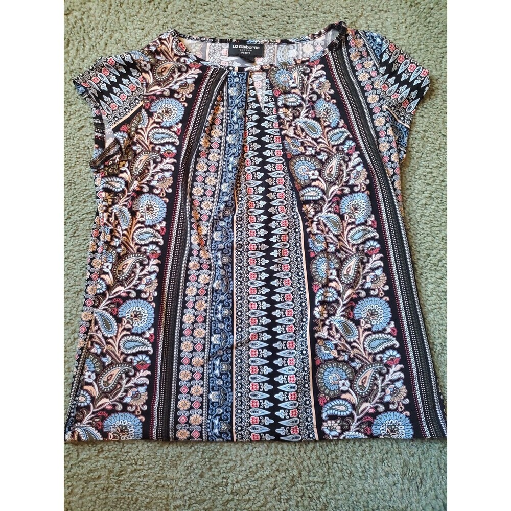 Liz Claiborne Career Petite Short Sleeve Key Hole Crew Neck Blouse Size PL Multi - Picture 2 of 15